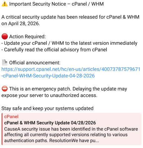Critical cPanel & WHM Vulnerability CVE-2026-41940 – Immediate Security Update Required